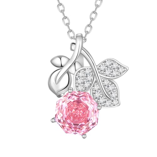 Birthstone Rose Pendant Necklace - 925 Sterling Silver Rose Cut Cubic Zirconia Flower Leaf Necklace Anniversary Birthday Jewelry Gift for Women Wife Mom Daughter