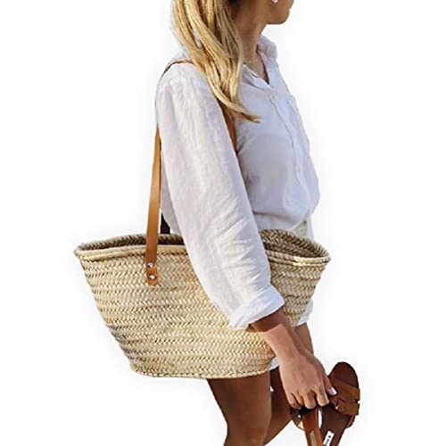 French Basket Straw Bag with Leather Handles, Beach Tote, Wicker Shopping Basket, Handmade Straw Market Bag for Women