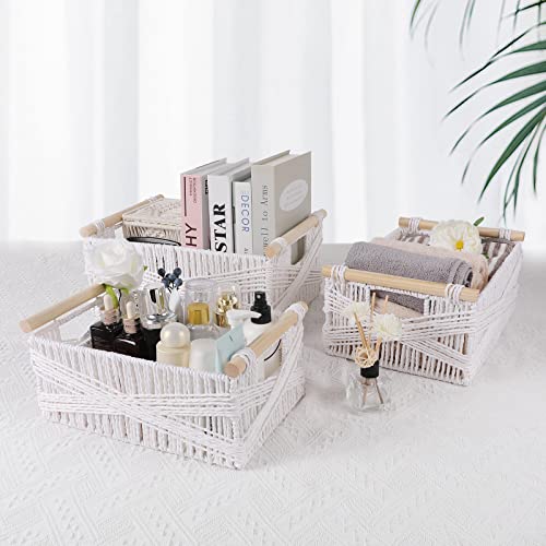Anminy 3 Pack Woven Storage Basket With Wood Handles Handmade Natural Paper Rope Decorative Boho Desk Wicker Storage Bins Box Set Nursery Baby Kid Large Meduim Small Shelf Organizer Container - White #TOP3
