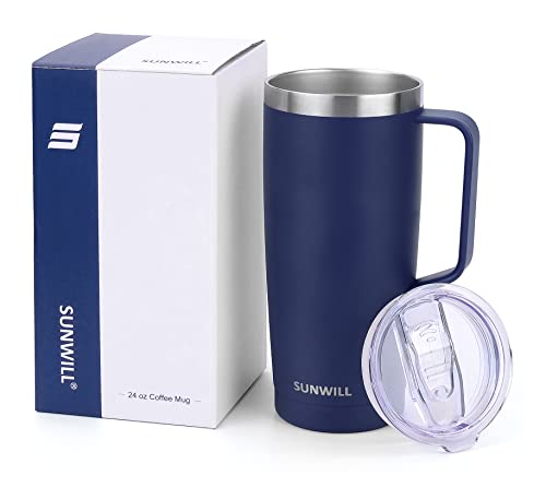 Sunwill Coffee Mug With Lid, Insulated Coffee Travel Mug With Handle 24Oz, Double Wall Stainless Steel Coffee Tumbler, Reusable Thermal Cup, Powder Coated Navy #TOP4