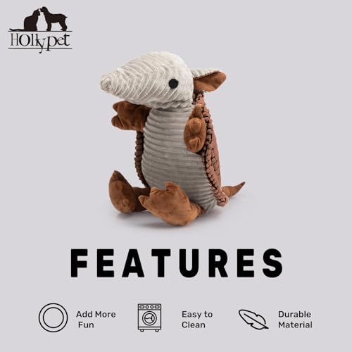 Image of Hollypet Plush Dog Squeaky Toy Stuffed Armadillo Animal Pet Puppy Chew Toys with Clean Teeth for Small Medium Large All Breed Sizes Dogs, Brown, 14 in