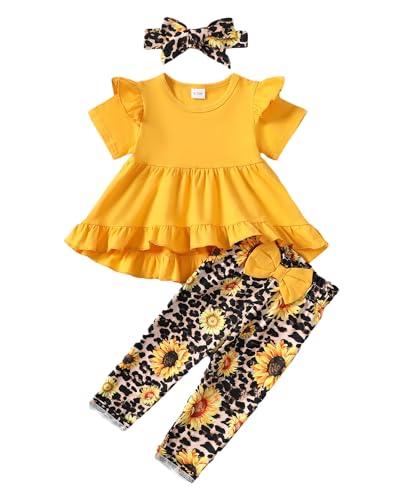Image of Kucnuzki Toddler Baby Girl Clothes Short Sleeve Ruffle Shirt Floral Pant Set 2 Piece Outfits for Girls Cute Clothing Set
