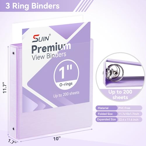 Image of SUIN 1 Inch 3 Ring Binder, Clear 1'' View Presentation Binders with 2 Pockets, Fits 8.5 x 11 Letter Size, Durable Polypropylene, Non-Stick & PVC-Free for School, Office & Home (Brushed Lavender)