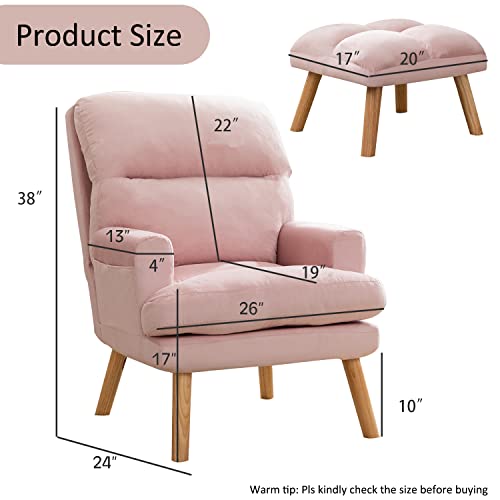 Inzoy Accent Chairs With Ottoman, Modern Comfy Chair With Adjustable Backrest And Side Pockets, Velvet Fabric Armchair With Ottoman For Bedroom Living Room (Pink) #TOP1
