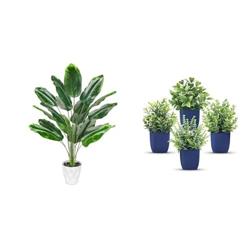 Der Rose A Bundle of 4 Pack Small Fake Plants Artificial Plants and 28" Tall Bird of Paradise Artificial Plants Tropical Fake Potted Banana Tree for Home Office Bathroom Decor