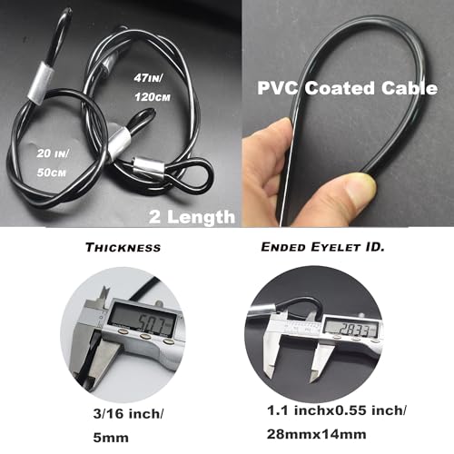 Image of 20 inch (50cm) 5mm Stainless Security Cables Tether,Braided Steel Vinyl Coated Safety Strap Luggage Lock,Flexible Wire Lead Chain Leash with Double Loops, Black 4Pcs
