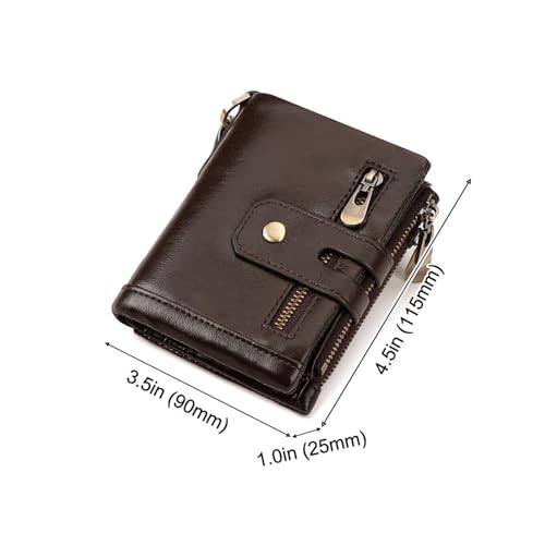 Cowhide Leather Trifold Billfold Wallet for Men, RFID Blocking, Double Zipper Coin Pocket, Anti-Theft Chain (Khaki)2