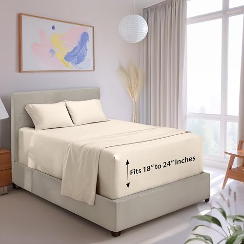 Image of Hearth & Harbor Extra Deep Pocket King Sheet Set, Off White | 4 Piece Bed Sheet Set, Ultra Soft & Breathable, Fits Up to 24 inch Mattress, Hotel Luxury