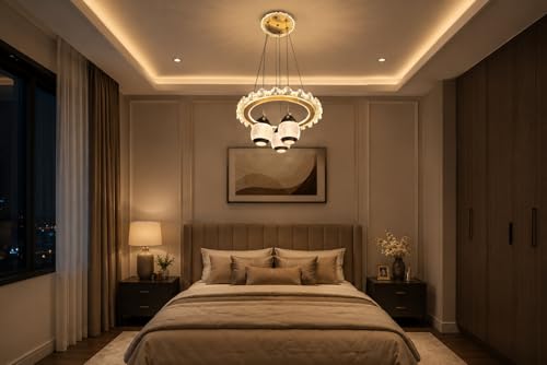 Image of Modern Premium Curved LED Gold Finish with 3 Different Color Mode (Warm White, Cool White, Neutral White) Chandelier with Height Adjustable Hanging for Bedroom, Living, Dining, Etc