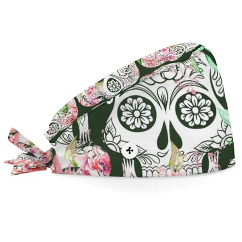 Mularoka Flower Skulls Working Caps with Button Sweatband Comfortable Adjustable Bouffant Hats Work Hat for Women Men