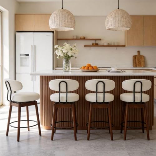 Image of COCO DESIGN White Bar Height Bar Stools Set of 2, 30 inch Swivel Chairs | Upholstered Faux Leather, Solid Wood Legs, Modern Mid Century Chairs for Kitchen Island