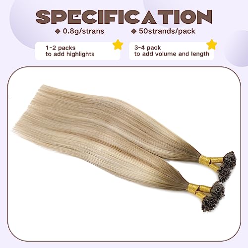 Sindra U Tip Extensions 14 Inch 40 Grams 50 Strands Balayage Ombre Walnut Brown to Ash Brown and Blonde Real Human Hair Extensions Nail U Tip Hair #3/8/22 14inch - Image 4
