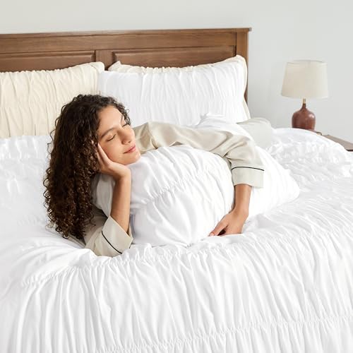 Image of Andency Ruched White Full Size Comforter Sets, Shabby Chic Pleatd Bedding Sets 3 Pieces, Lightweight Soft Boho Ruffle Bed Set for Girls, Kids, Women, All Season