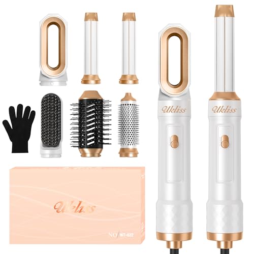 UKLISS 6 in 1 Hair Styler Hair Dryer Brush & Airstyler with Automatic Hair Curler Hair Straightener Thermal Brush Hot Airbrush Gifts Set Multistyler for Women All Hair Styling - Off White