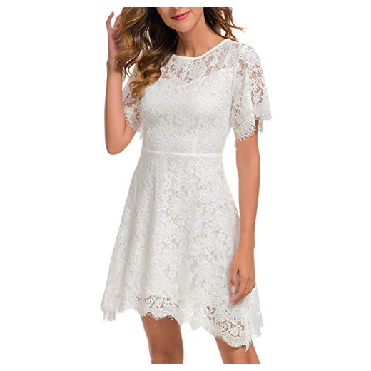 White Lace Cocktail Dress for Womens Chic Wedding Guest Short Sleeve Evening Party Ladies Elegant Travel Casual Comfortable Simple A Line Dress 943 (M, White)
