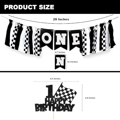 Image of Race Car Highchair Banner and Cake Topper 1st Birthday Party Decorations Black White Race Car Banner for Boys One Birthday Highchair Photo Prop Cars Theme
