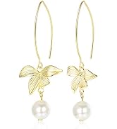 Sllaiss 14k Gold Plated Bow Pearl Dangle Earrings For Women 925 Sterling Silver Curved Threader E...
