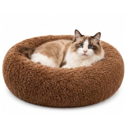 Image of Premium Small Dog & Cat Bed, Calming Plush Round Pet Bed with Raised Rim, Anti-Slip Base & Washable Design (Brown)