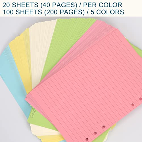 A6 Colorful Refill Paper, [5 Colors] Toplive 100Gsm Thick Refillable Paper 6 Hole Filler Inserts Loose Leaf Paper 100 Sheets (200 Pages) For 6 Ring Binder Journal Notebook #TOP6