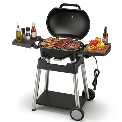 THERMORA Electric Grill Outdoor Grill, 1500W Power, 277 Sq.In Cooking Area, Removable Wheeled Cart Style, Indoor/Outdoor Eletric Grill, Nonstick Grill Grate, Built-In Thermometer BBQ Grill