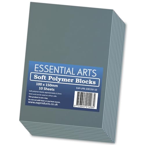 100 x 150mm Double Sided Soft Lino Polymer Blocks Pack of 10 3.2mm Thick Super Soft Printing Sheets for Carving Art and Craft by Essential Arts