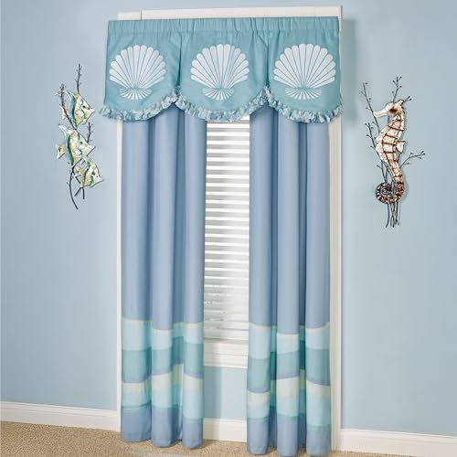 Ocean Tides II Lined Window Treatments | Coastal Colors | Embroidered Shells & Wave Bands | Machine Washable Polyester Microfiber | Drapery Set Includes Scalloped Seashell Valance & 84L Curtain Pair