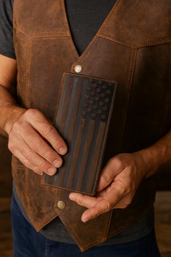 MARSHAL American Flag Checkbook Cover Vintage Leather Patriot Cowboy Wallet for Men (Brown) - Image 6