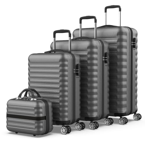 NEWTECK - Gepäck-Set und Kulturbeutel 4 Stück Grau, groß 75cm, mittel 63cm, klein 53cm und Kulturbeutel, ABS, starr, widerstandsfähig, 4 Doppelräder, leicht, seitliches Kombinationsschloss