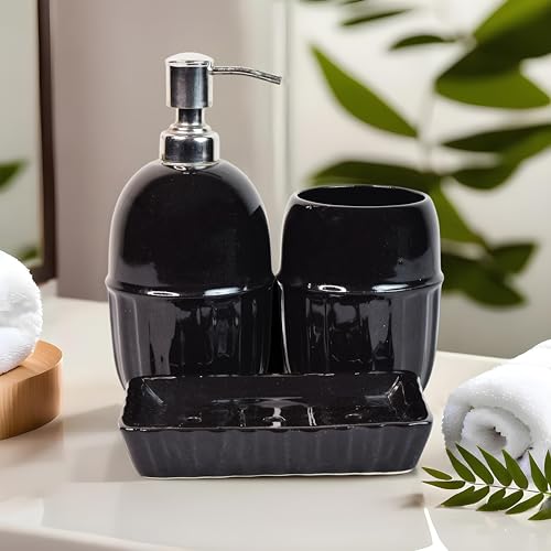 Image of Ceramic Bathroom Accessories Set for Utility and Bathroom Decor | Liquid Soap Dispenser, soap Tray, Toothbrush Holder (Exclusive Bathroom Set) (Black)
