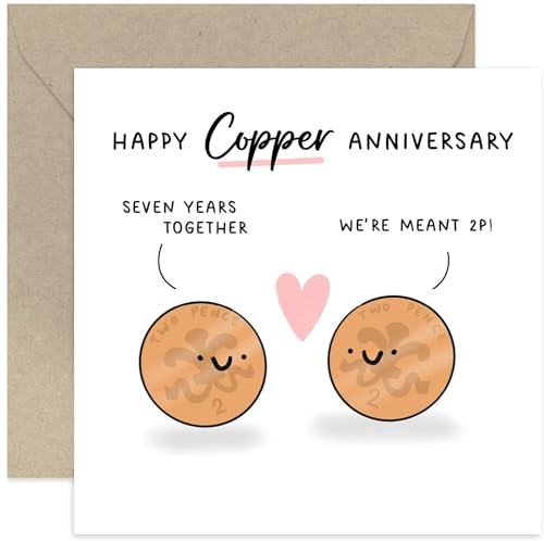 Old English Co. Happy Copper Anniversary Card - 7th Wedding Anniversary Cards - Funny 2p Seventh Anniversary Card for Couple - For Husband or Wife | Blank Inside