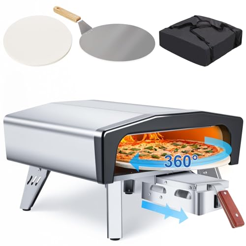 Pizzaofen Gas mit Drehfunktion,500 Grad 20 Zoll (50,8 cm) tragbarer Pizzaofen mit Gas Outdoor mit Klappbaren Beinen,Tragetasche,Pizzastein, Gasofen für Camping, Hinterhof