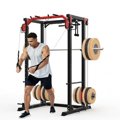 Power Cage, Power Rack with Cable Crossover System, 2000LBS Squat Rack with LAT Pull Down System, Workout Cage with Pulley System for Fitness Home Gym