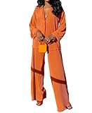 Salimdy Women 's Casual 2 Piece Outfits Long Sleeve Button Down Pleated Shirt Blouse Pants Set Sexy