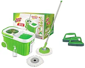 Scotch-Brite Supreme Spin Bucket Mop with Steel Spinner, Wheels, Drag Handle, Drain Plug & Dispenser (2N Microfiber Refills) (IS840126848) & Fibre Bathroom Scrubber Brush (Green, Pack of 2)