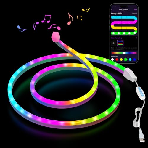 Neon LED Strip 1m - RGB Neon LED Streifen mit App-Steuerung DIY-Lichteffekte Musik Sync Neon Lichtband für Wohnzimmer, Schlafzimmer, Wand Deko