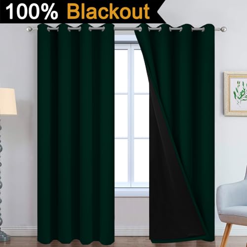 Image of Yakamok Pine Tree Green 100% Blackout Curtains 84 Inches Long 52 inch Wide | Blackout Curtain Panels for Bedroom, 2 Thick Layers Grommet Top Thermal Insulated Drapes with Black Liner for Living Room