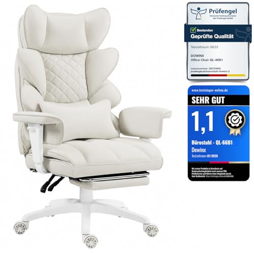 Dowinx Gaming Stuhl Bürostuhl Ergonomisch mit Taschenfeder-Kissen Chefsessel mit Doppellagige weiche Rückenlehne und verstellbare Lendenkissen Armlehnen und Fußstütze PU-Weiß