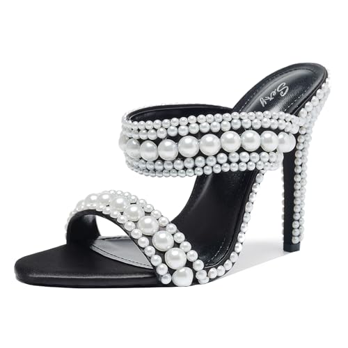 Women's Pearl Open-Toe Sparkly 4.3IN Stiletto Heels Sandals Nightclub Party Wedding Shoes