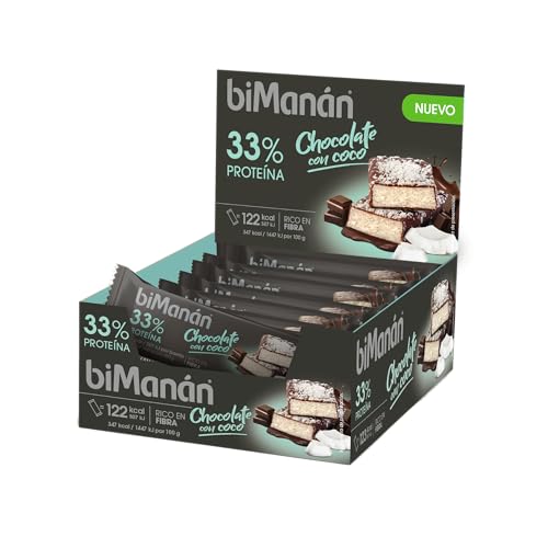 biManán beFIT - Barritas Chocolate con Coco - Alimento Hiperproteico - Cobertura de Chocolate Negro y Coco - 33% de Proteínas - Expositor 20 Unidades (700g)