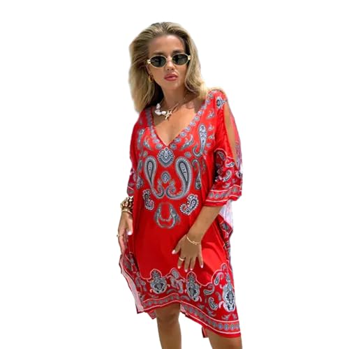 Image of Trillion London Women's Viscose Cotton Kaftan Beach Cover Up Maxi Dress | Bikini & Swim Cover Up | Holidays Loungewear | Women Swimwear | UK 6 to 14 Dark Red