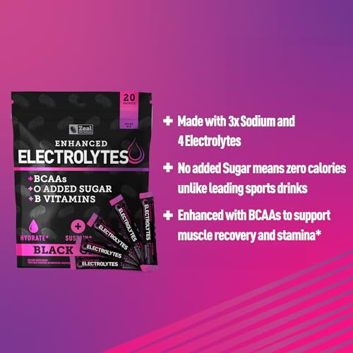 Image of Enhanced Electrolyte Powder Stick Packs (Black Cherry | 20 Packets) w / 0 Sugar +BCAAs +B-Vitamins Electrolyte Supplement w Potassium Zinc & Magnesium for Hydration - Keto Electrolytes