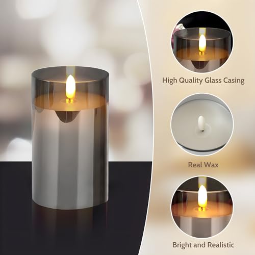 Image of Grey Glass Flameless Candles with Remote and Timer, Real Wax Candles Warm Flickering LED Pillar Battery Operated Candle Light for Halloween Wedding Party Home Decoration, Set of 3