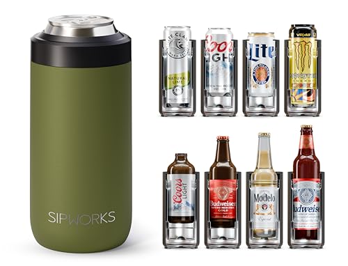 Sipworks Universal Can Cooler - Fits All - Insulated Slim Can Cooler for 12 oz Regular or Slim Cans & Bottles - Double-Walled Stainless Steel Can Cooler | Olive