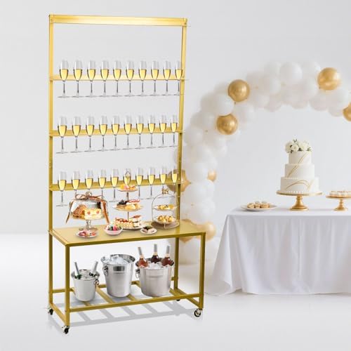 Julymoda Champagne Wall Holder for Party, Champagne Tower Stand with Storage Shelf and Swivel Casters, 4-Tier Metal Flutes Display Stand Hold 40 Glasses, Suitable for Wedding, Christmas
