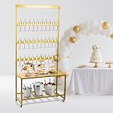 Julymoda Champagne Wall Holder for Party, Champagne Tower Stand with Storage Shelf and Swivel Casters, 4-Tier Gold Metal Flutes Display Stand Hold 40 Glasses, Suitable for Wedding, Christmas