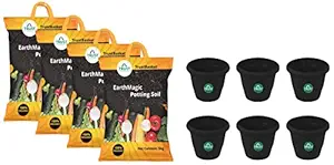 TrustBasket Enriched Premium Organic Earth Magic Potting Soil Mix with Required Fertilizers for Plants- 20 KG, Brown & Plastic Pot, Black, 12 Inch, Set of 6
