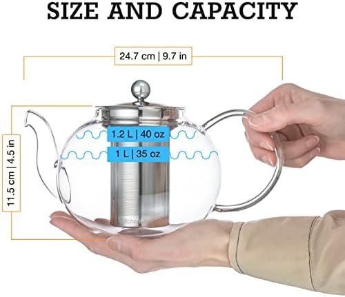Stovetop Safe Tea Kettle, Holds 4-6 Cups, Glass Teapot with Infuser Set, Extra 4 Double Wall 80ml Cups, Removable Stainless Steel Strainer, Microwave, Dishwasher Safe, Blooming & Loose Leaf Tea Pot