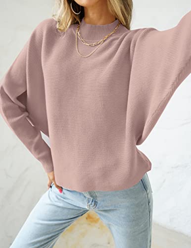 Zesica Women's 2023 Fall Turtleneck Batwing Long Sleeve Ribbed Knit Casual Soft Pullover Sweater Jumper Top,Pink,Large #TOP1