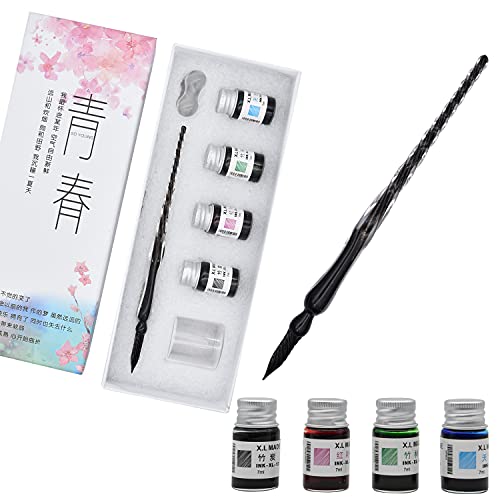 SIPLIV Glas Dip Pen Tinte Set Kalligraphie Dip Pens Kristall Dip Pen für Kunst, Schreiben, Unterschriften, Büro Desktop Verzierungen, Ornamente - Schwarz Gold Folie, 4 Flaschen Tinte Cover