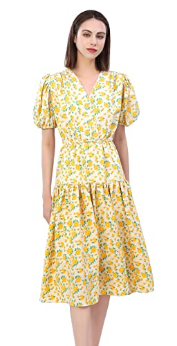 Image of Shineflow Women's Short Sleeve V-Neck 3 /4 Sleeve Button Up Chiffon Floral Pleated Midi Swing Dress with Belt